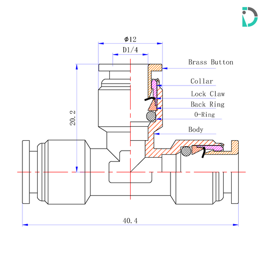 Tee Union Push-In Fitting - 1/4" for misting systems